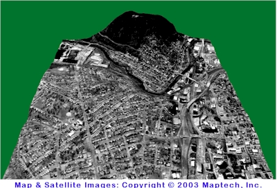 3-D satellite image overlaid on topographic mapping of downtown Roanoke, Virginia looking south. Maps Copyright 2003 by MapTech, Inc.