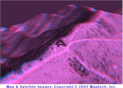 3-D glasses view of satellite image overlaid on topographic mapping of the Riner/Christiansburg, Virginia area. Maps Copyright 2003 by MapTech, Inc.