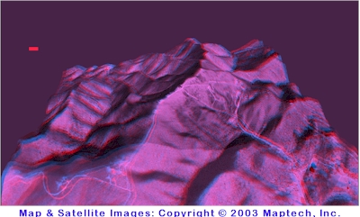3-D glasses view of satellite image overlaid on topographic mapping of the Riner/Christiansburg, Virginia area. Maps Copyright 2003 by MapTech, Inc.